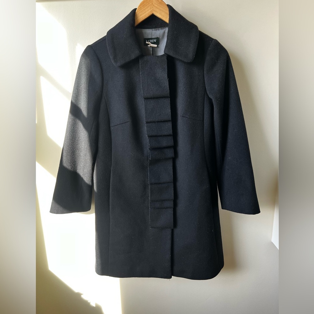 J CREW Ribbon Script Wool Coat Ruffle Black Coquette Feminine Cozy Dressy Warm 0